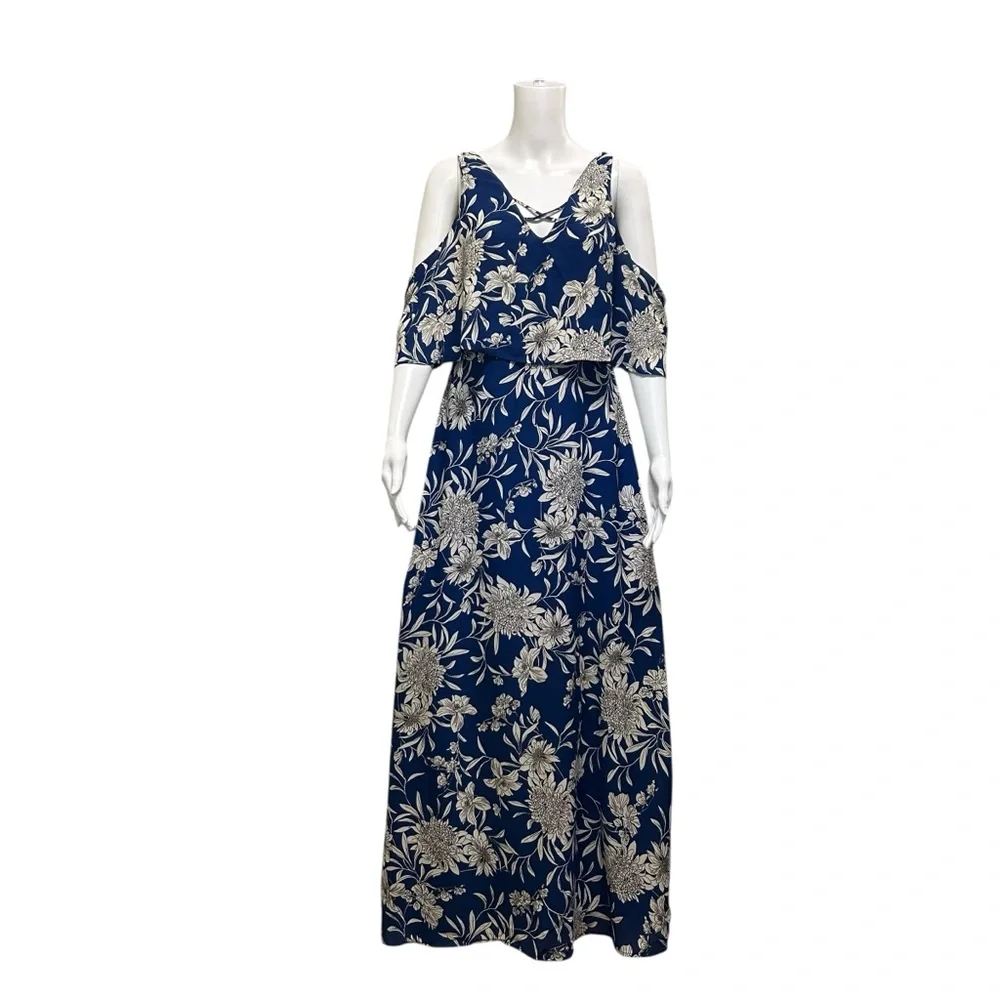 DEX Cold Shoulder Maxi Dress Blue Dahlia Floral Tiered Ruffle V-Neck Size M - Picture 2 of 11